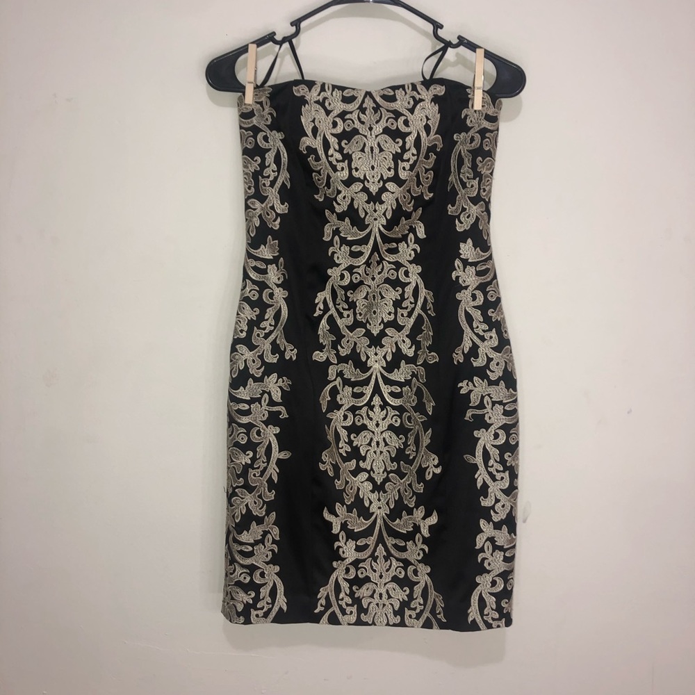 Strapless embroidered black and gold dress